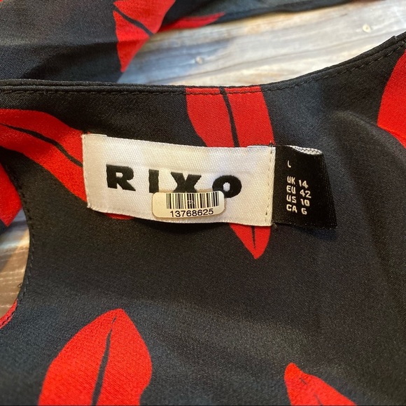 Rixo Rose Lip Print V-Neck Long Sleeve Open Back Ruffle Front Silk Midi Dress L - Picture 10 of 13